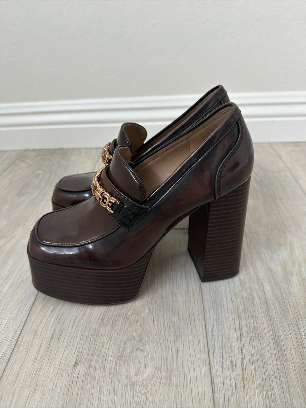 Sam Edelman Brown Patent Platform Block Heel Loafers with Gold Chain Accent